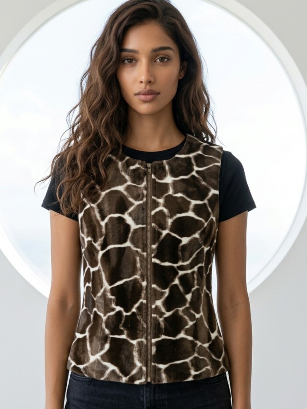 Vintage Giraffe Print Faux Fur Vest Women's M Plush Animal Zip Jacket Mob Wife